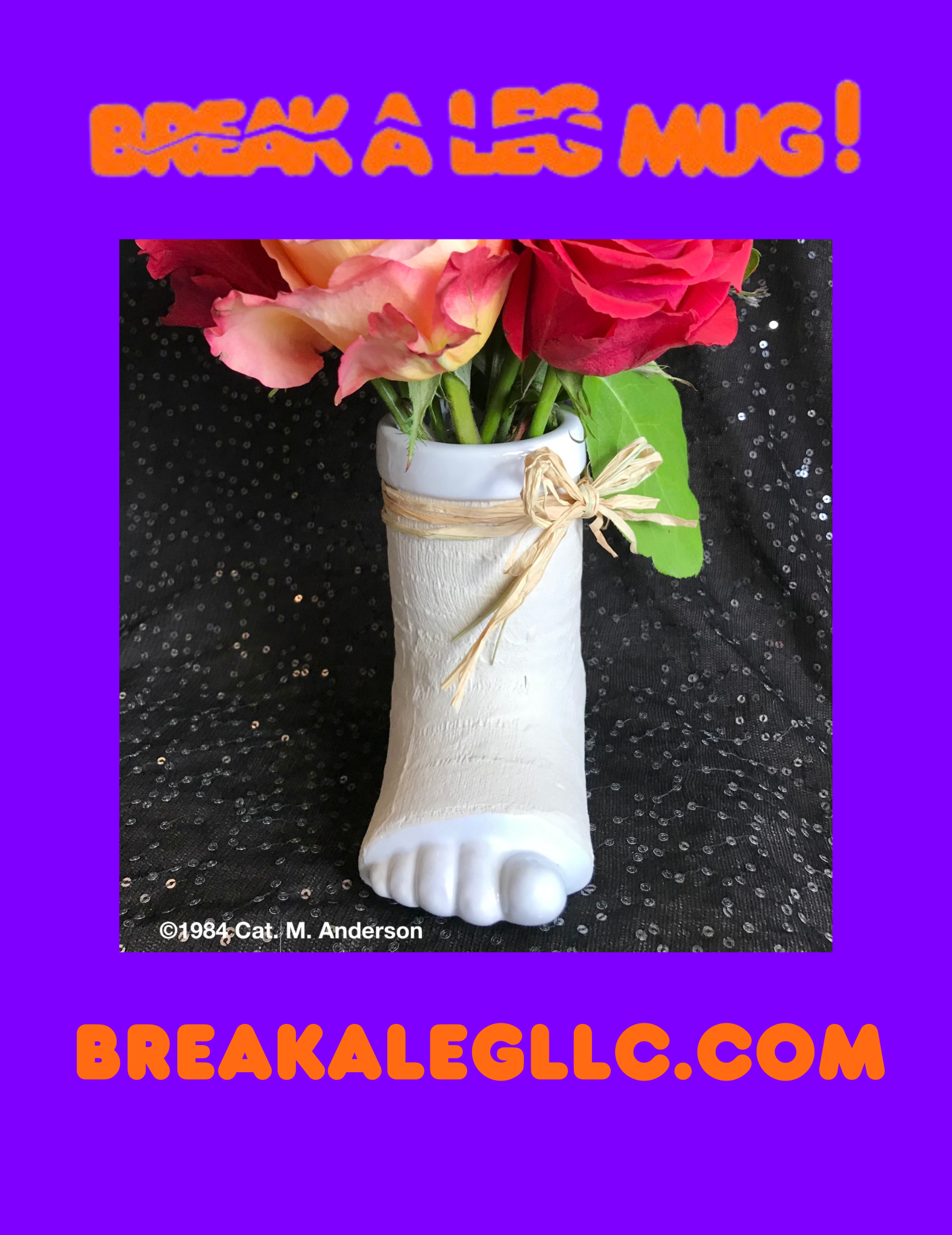 Break a Leg vase with roses, sparkle background.