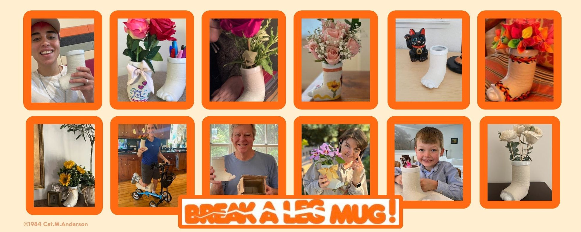 Happy Break a Leg mug and vase customers. Some casts are painted and decorated with flowers.