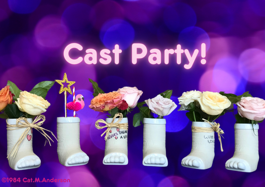 Cast party with the break a leg mug - flowers, beverages and novelties fill feet in casts for party.