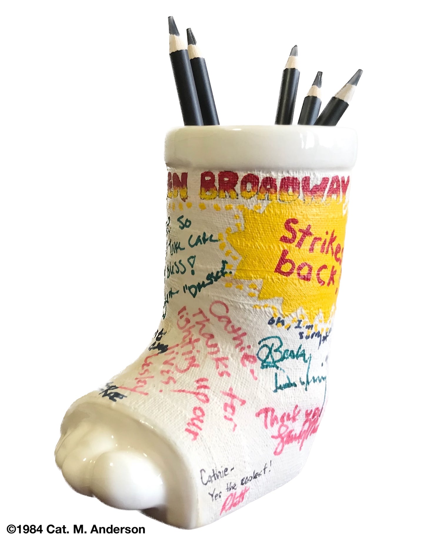 break a leg mug as desk pen and pencil holder with autographs by actors and crew, well wishes written on the cast.