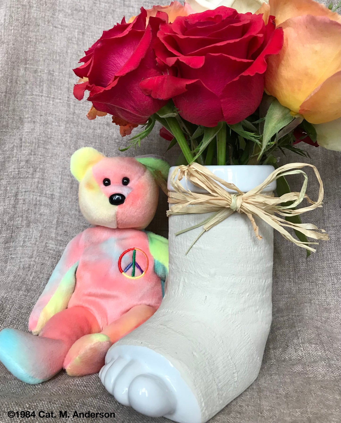Break a leg mug well wish for health care, or a good luck wish for your actor or dancer in a theater  play or dance recital .  This one shown with a toy bear and roses.