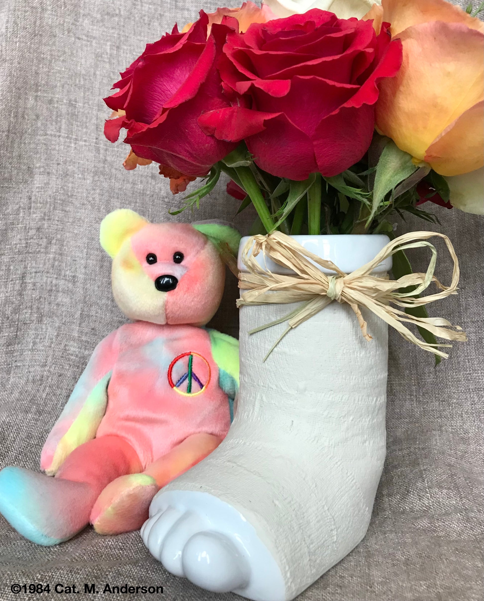 Break a leg mug well wish for health care, or a good luck wish for your actor or dancer in a theater  play or dance recital .  This one shown with a toy bear and roses.