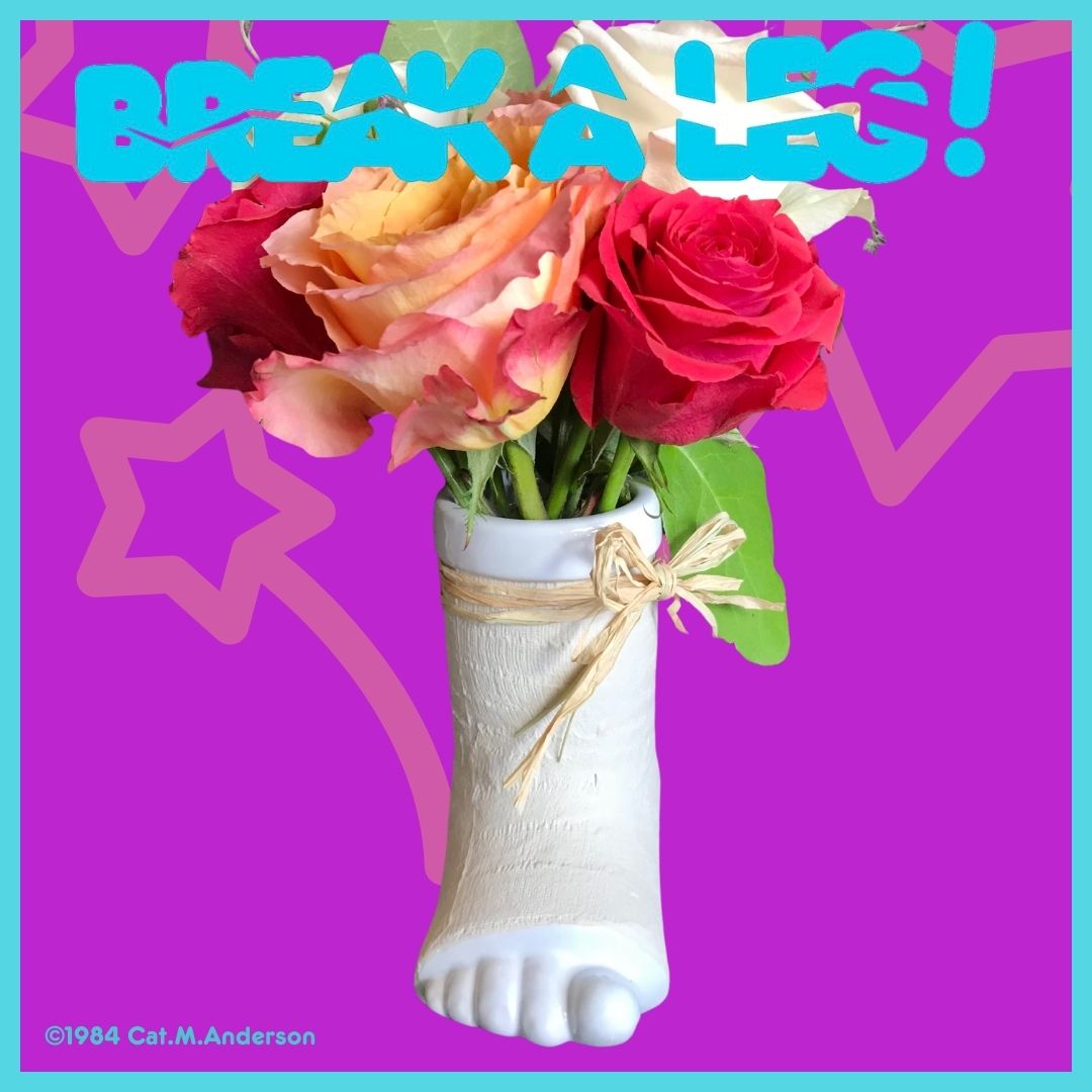 Celebrate your star and wish them well with the Break a Leg mug!  Foot in a cast, front view with roses.