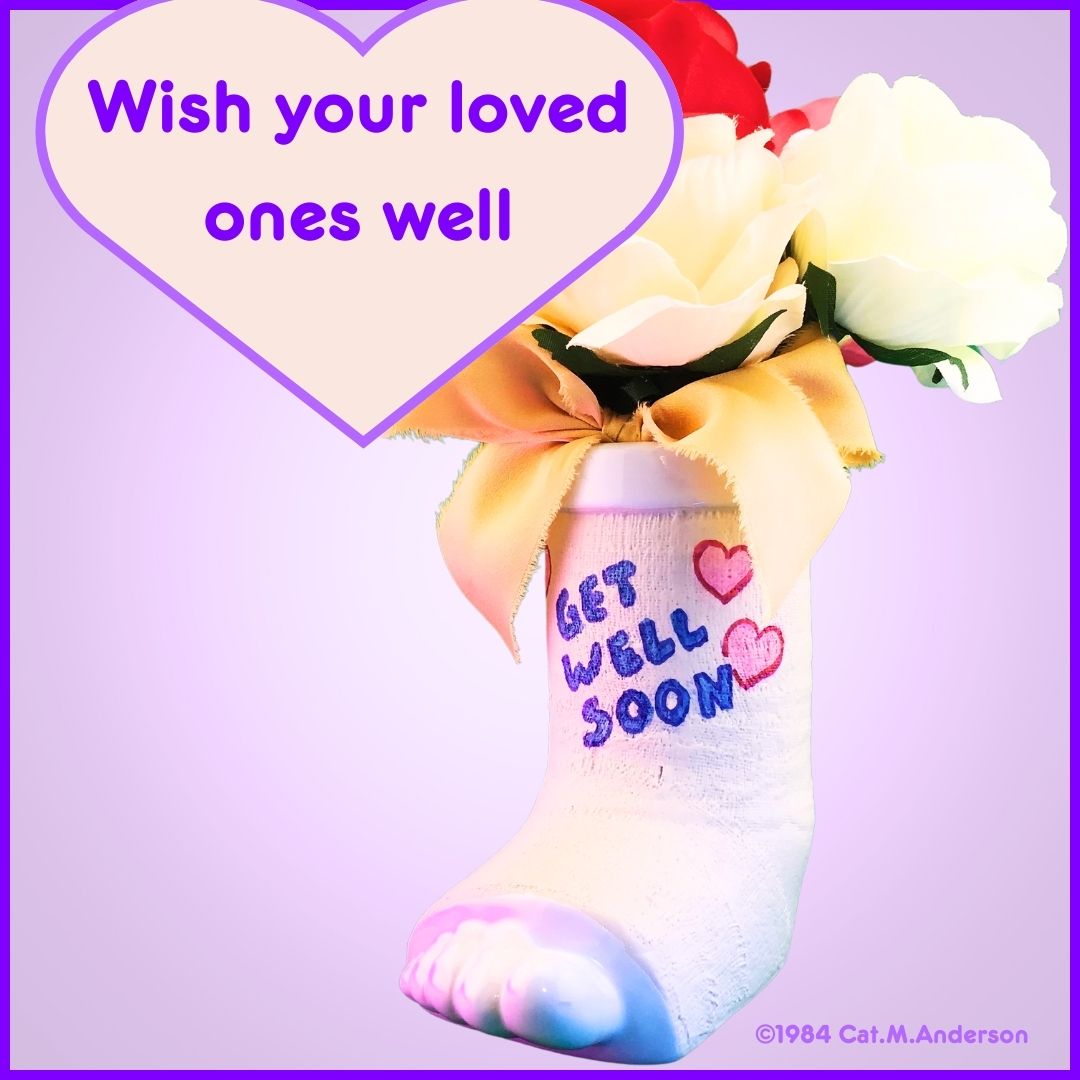 break a leg mug and vase for health care with roses and a ribbon. Wish your loved one well - "get well soon" on cast.