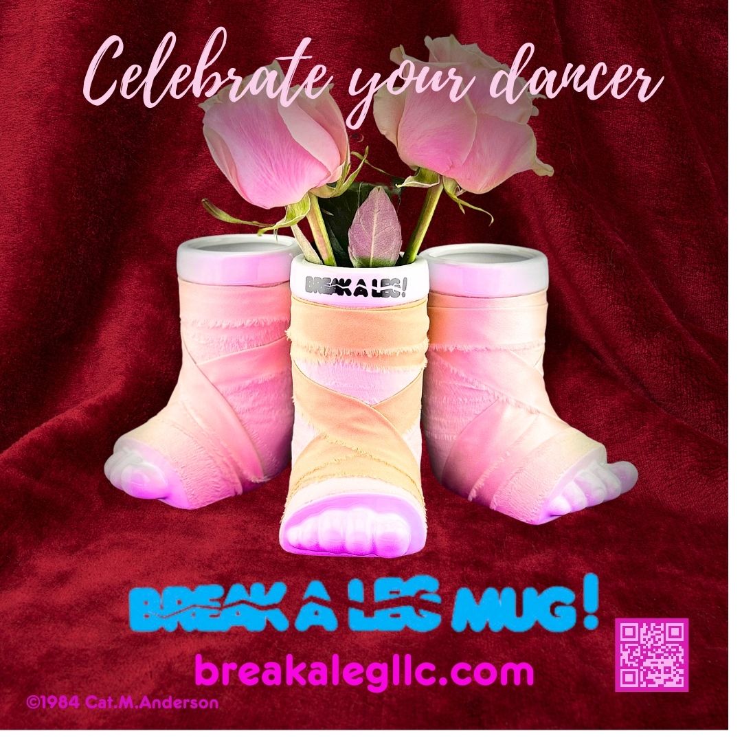 Dancer Break a Leg mug and vase with ribbons wrapped as ballet toe shoes with roses.  Dancers Actors choreographers musicians wishing well good luck