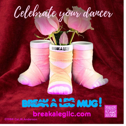 Dancer Break a Leg mug and vase with ribbons wrapped as ballet toe shoes with roses.  Dancers Actors choreographers musicians wishing well good luck