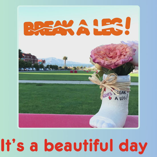 Video of Break a Leg mug in Presidio on beautiful day.  Pictures mugs as vases, and desk pencil holder with writing well wishes on cast.