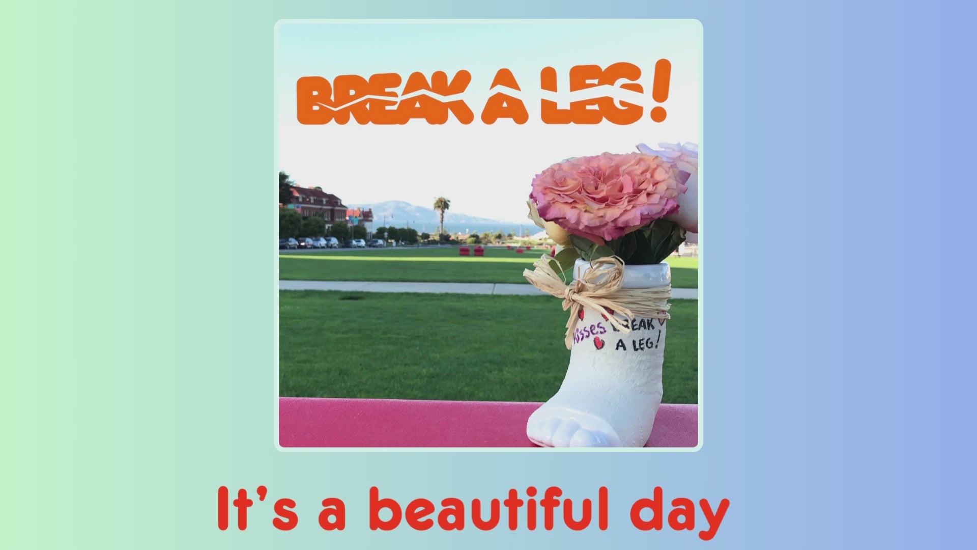 Video of Break a Leg mug in Presidio on beautiful day.  Pictures mugs as vases, and desk pencil holder with writing well wishes on cast.