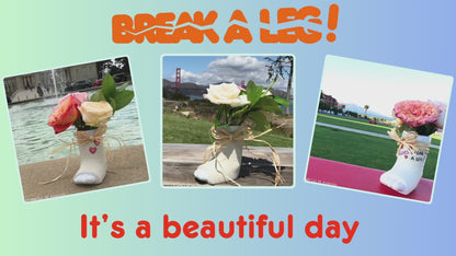 Video of break a leg mugs and vases in the Presidio.  Gifts of a foot in cast you can write on and decorate.