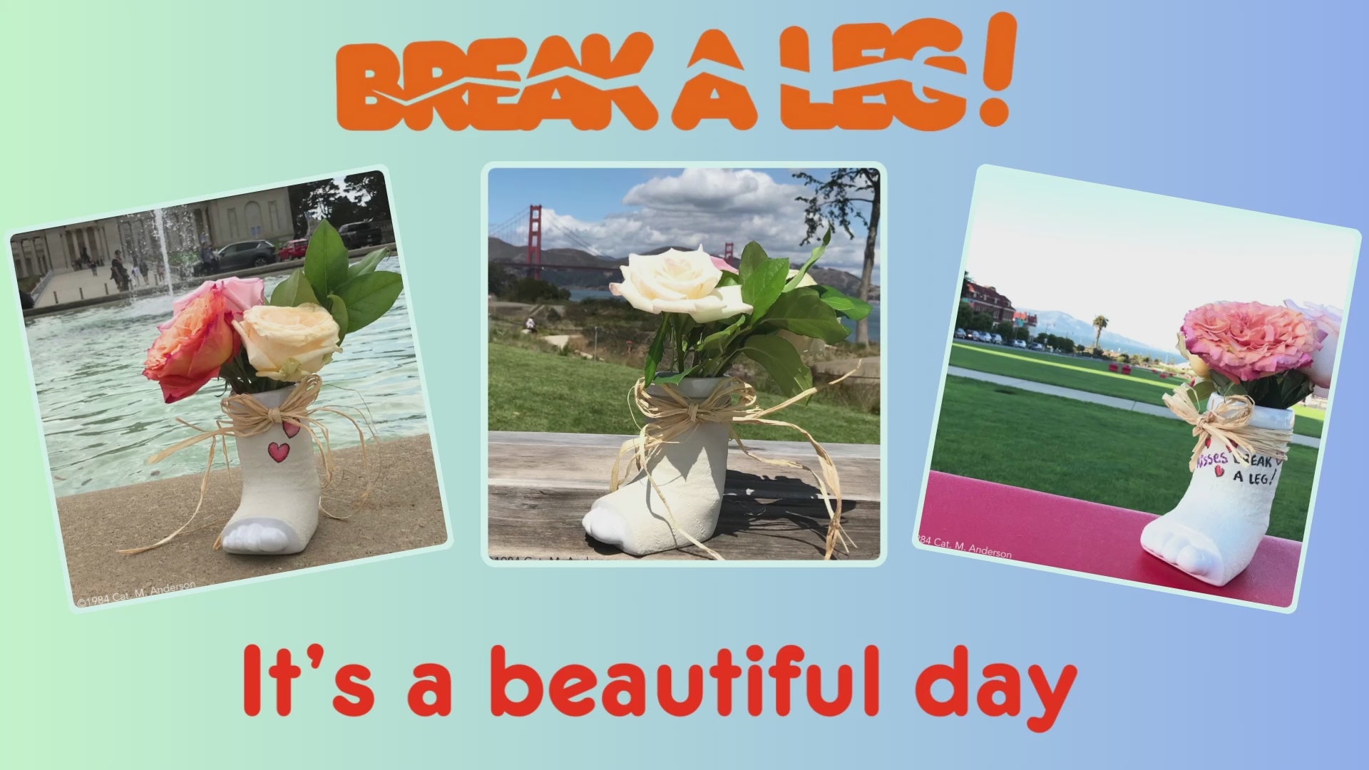 Video of break a leg mugs and vases in the Presidio.  Gifts of a foot in cast you can write on and decorate.