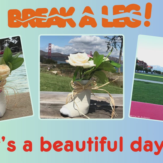 Break a Leg mugs with flowers, novelties on a beautiful day.  Some have cast signed and decorated. 