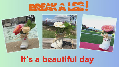 Break a Leg mugs with flowers, novelties on a beautiful day.  Some have cast signed and decorated. 