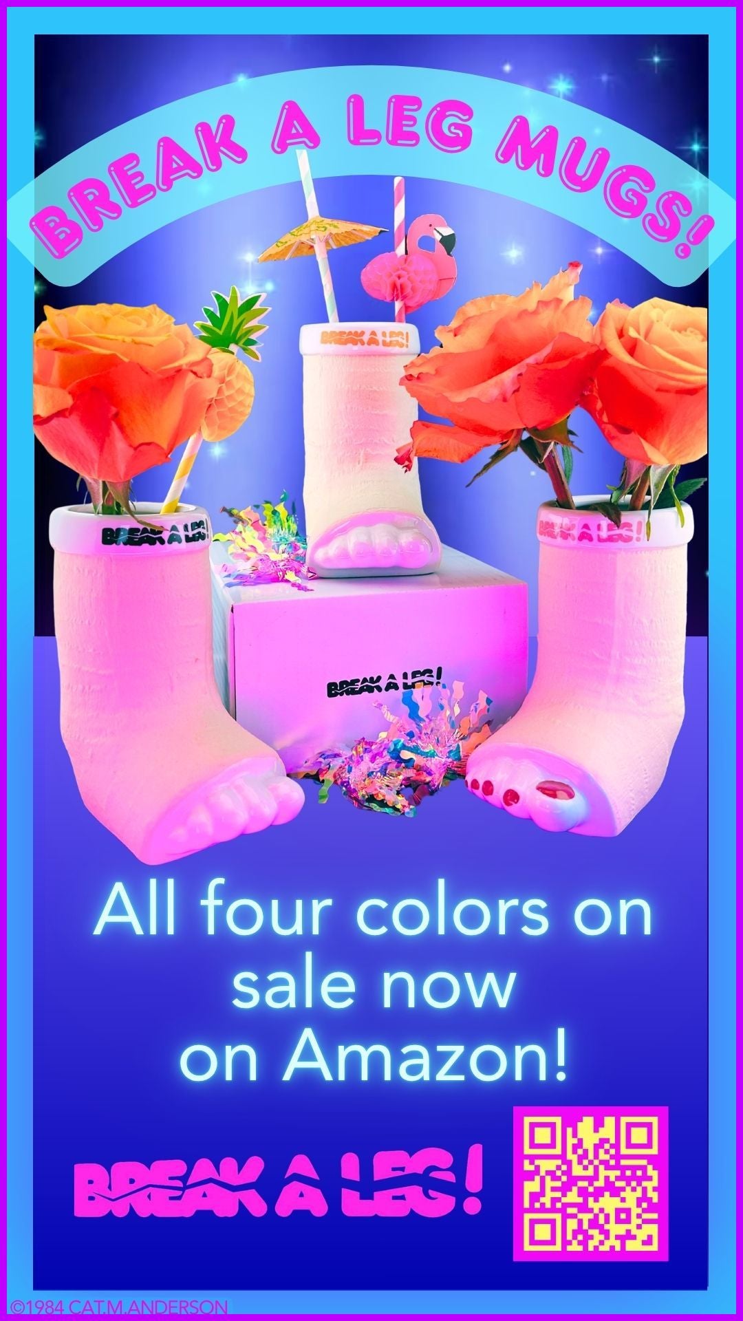Promotional image of Break a Leg Mugs with drinks and flowers on sale on Amazon.